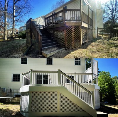Deck remodel/renovation - This deck remodel was on an old deck that was in bad shape. The rest of the outdoor landscape had been updated, so the kitchen stuck out like a sore thumb. We gutted it and put Trex brown floor boards. Fibercon armorguard regency railing. Regency stair. White post sleeves, post sleeve cap, and base trim. Lights for stairs steps. Concrete slab at the end of stairs. White privacy screening was used above the railing on the upper deck closest to the neighbors house for privacy and white privacy screening was used on all portions of the exterior portions of under the deck.