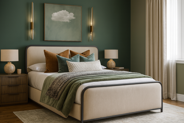Guest bedroom design - This bedroom was on the smaller side. The homeowner wanted green shades with a hint of brown. We aimed to bring out those colors while keeping the vibe calming. We went for some unique wall-mounted lights and picked out a cool cloud art piece from Etsy. The bed came from Target, and the night tables were from Amazon. Guest bedroom design - This bedroom was on the smaller side. The homeowner wanted green shades with a hint of brown. We aimed to bring out those colors while keeping the vibe calming. We went for some unique wall-mounted lights and picked out a cool cloud art piece from Etsy. The bed came from Target, and the night tables were from Amazon.