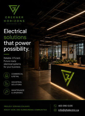 Residential & Commercial Services - Modern residential electrical solutions designed to bring warmth, comfort, and elegance to your home. From custom lighting to full renovations, Greener Horizons Electrical delivers craftsmanship you can trust.

Professional commercial electrical services built for efficiency and reliability. Greener Horizons Electrical powers businesses with clean, modern solutions tailored to every space.