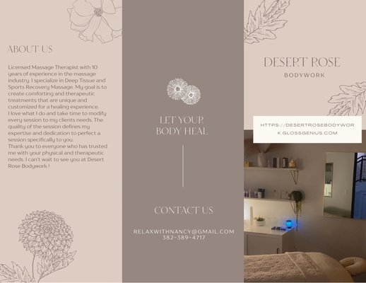 Desert Rose Bodywork is here for you! - Desert Rose Bodywork focuses on the therapeutic side of massage . We are here to help alleviate chronic pain and discomfort with custom massage techniques. Come see me today. Take care of your body today , so it can take care of you tomorrow. 
Nancy-