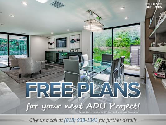 Now Offering Free Plans with Your Signed ADU Project! - Sign your ADU project with Eden Builders and get free plans to start—no extra cost, no hassle. This is your chance to save money while getting expert design and construction from a team that delivers. Look through our previous projects to see our proud body of work.
Call us today to lock in your offer and get your new ADU moving! Now Offering Free Plans with Your Signed ADU Project! - Sign your ADU project with Eden Builders and get free plans to start—no extra cost, no hassle. This is your chance to save money while getting expert design and construction from a team that delivers. Look through our previous projects to see our proud body of work.
Call us today to lock in your offer and get your new ADU moving!
