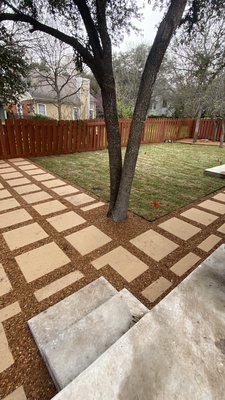 Backyard remodel - This is a Backyard that was in bad shape and I need of a make over we went ahead and tear up all of the old landscaping and re grading the backyard . We built a 18x30 24inch paver stone and pea gravel patio with its French drain as-well . We also got everything re-sodded with dormant St Augustine Backyard remodel - This is a Backyard that was in bad shape and I need of a make over we went ahead and tear up all of the old landscaping and re grading the backyard . We built a 18x30 24inch paver stone and pea gravel patio with its French drain as-well . We also got everything re-sodded with dormant St Augustine