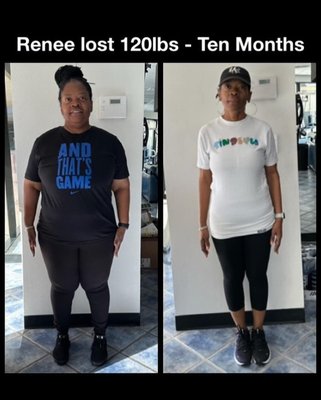 Renee’s 120lb Transformation in ten months! - Renee lost 120lbs In less than a year of training! Yes, you heard it right, 120lbs! She did it by following a healthy lifestyle without any fad diets, supplements, or medication. Weight is something she struggled with for a long time, and she knew that it was time to take control of her life. Renee followed a workout routine, but more importantly, she consciously tried to eat healthy and drink plenty of water. Another huge factor contributing to Renee’s success was her commitment to staying active on her off days. While most people would take a break and relax, Renee worked away on her cardio sessions alone! Today, she is a living example of how hard work and determination can lead to remarkable results. She has not only lost 120lbs but also has a newfound love for a healthy lifestyle. She continues to be an inspiration to me and everyone around her. Renee’s 120lb Transformation in ten months! - Renee lost 120lbs In less than a year of training! Yes, you heard it right, 120lbs! She did it by following a healthy lifestyle without any fad diets, supplements, or medication. Weight is something she struggled with for a long time, and she knew that it was time to take control of her life. Renee followed a workout routine, but more importantly, she consciously tried to eat healthy and drink plenty of water. Another huge factor contributing to Renee’s success was her commitment to staying active on her off days. While most people would take a break and relax, Renee worked away on her cardio sessions alone! Today, she is a living example of how hard work and determination can lead to remarkable results. She has not only lost 120lbs but also has a newfound love for a healthy lifestyle. She continues to be an inspiration to me and everyone around her.