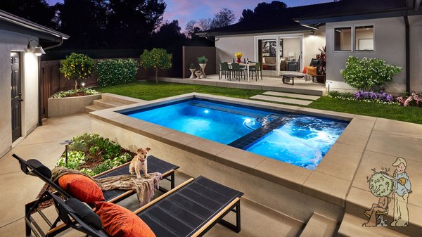 A Small-Space Pool Oasis in Sierra Madre - Small yard, big impact in Sierra Madre. For this backyard renovation, we designed a compact pool + spa combo that fits the footprint without overpowering the space. A slightly raised pool creates clean built-in edges that double as extra seating, and the nighttime water lighting adds resort-style ambiance.
To keep the yard feeling open, we used simple modern hardscape—straight runs, wide walkways, and a restrained material palette—plus large concrete surfaces and step pads that create a clear path of travel. We also carved the space into “rooms”: dining near the house, lounge seating by the pool, and a warm decked nook that gives the yard another destination.
Minimal, clean planting in raised planters and perimeter beds softens the edges while keeping the center open and usable every day. A Small-Space Pool Oasis in Sierra Madre - Small yard, big impact in Sierra Madre. For this backyard renovation, we designed a compact pool + spa combo that fits the footprint without overpowering the space. A slightly raised pool creates clean built-in edges that double as extra seating, and the nighttime water lighting adds resort-style ambiance.
To keep the yard feeling open, we used simple modern hardscape—straight runs, wide walkways, and a restrained material palette—plus large concrete surfaces and step pads that create a clear path of travel. We also carved the space into “rooms”: dining near the house, lounge seating by the pool, and a warm decked nook that gives the yard another destination.
Minimal, clean planting in raised planters and perimeter beds softens the edges while keeping the center open and usable every day.