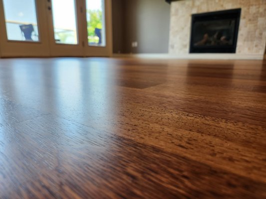 Sanding a Prefinished Brazilian Cherry - Sanding a Prefinished Brazilian Cherry, 3 coats of Bona waterborne finish. Beautiful transformation. Used the diamond segments to break the aluminum oxide in the prefinished floor, removed the micro bevels/v-grooves, sanded flat with the Pallmann spider multi-disc and refinished natural with Bona waterborne finishes. Sanding a Prefinished Brazilian Cherry - Sanding a Prefinished Brazilian Cherry, 3 coats of Bona waterborne finish. Beautiful transformation. Used the diamond segments to break the aluminum oxide in the prefinished floor, removed the micro bevels/v-grooves, sanded flat with the Pallmann spider multi-disc and refinished natural with Bona waterborne finishes.