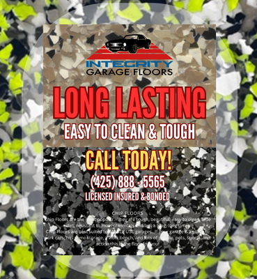 Long Lasting | Easy to Clean | 1 Day Job - Most garage floors are done in just 1 day. We offer 5 colors of blended 1/4" Chip Flakes so you can customize your perfect look. Call today! Long Lasting | Easy to Clean | 1 Day Job - Most garage floors are done in just 1 day. We offer 5 colors of blended 1/4" Chip Flakes so you can customize your perfect look. Call today!