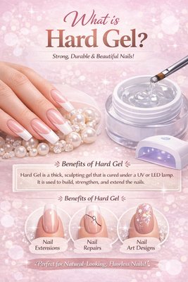 What is Hard Gel ? - Hard gel is a durable, UV/LED-cured nail enhancement that adds strength, length, and a glossy finish, ideal for weak nails or extensions, offering long wear without soaking off (requiring filing for removal) and a more natural look than acrylics. Its key benefits include superior strength for protection, excellent longevity, sculptability for custom shapes, and a shiny, non-yellowing finish, making it great for extensions or reinforcing natural nails.
