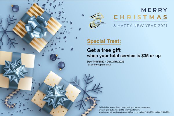 2023 O Nails Bar - Surprise! Enjoy a Free Gift with any $35 Purchase - Starting from Dec/14th/2022 - Dec/24th/2022, O Nails Bar is giving out to every customers a free gift with any $35 purchased services and up.
This program will run until expiration date (Dec/24th/2022) or while our supply lasts. 2023 O Nails Bar - Surprise! Enjoy a Free Gift with any $35 Purchase - Starting from Dec/14th/2022 - Dec/24th/2022, O Nails Bar is giving out to every customers a free gift with any $35 purchased services and up.
This program will run until expiration date (Dec/24th/2022) or while our supply lasts.