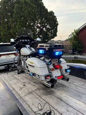 Harley Davidson Emergency Light Install - Police lighting installed along with CB radio, Controller, Trunk upgrade with 12v Battery for accessory devices. 
Call or message for more info!
