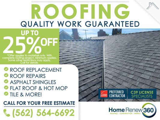 Up to 25% OFF with Home Renew 360 - Get ready for winter with our exceptional roofing services! For a limited time, enjoy up to 25% off on all roofing projects. At Home Renew 360, we provide high-quality, reliable roofing solutions to protect your home from the elements and ensure your peace of mind. Don't miss out on this fantastic offer! Up to 25% OFF with Home Renew 360 - Get ready for winter with our exceptional roofing services! For a limited time, enjoy up to 25% off on all roofing projects. At Home Renew 360, we provide high-quality, reliable roofing solutions to protect your home from the elements and ensure your peace of mind. Don't miss out on this fantastic offer!