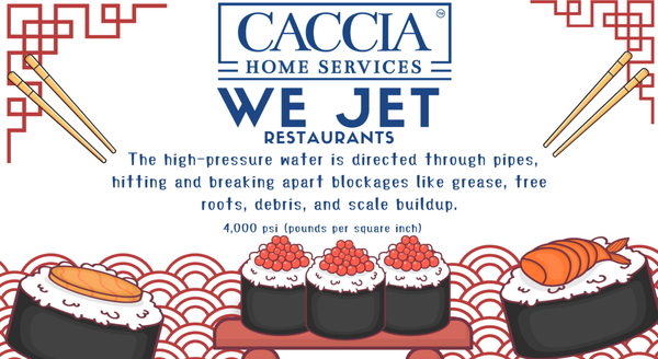 Hydro Jetting Restaurants - At **Caccia Home Services**, we specialize in professional hydro jetting solutions tailored for the unique needs of restaurants. Our expert technicians use a high-pressure water system to clear and clean your pipes, eliminating common issues like blocked sinks, grease traps, and sewer lines that often disrupt restaurant operations. 

Equipped with the **highest capacity hydro jetter trailer** in the area, we deliver powerful, high-grade performance that ensures thorough cleaning. Our advanced hydro jetting technology is trusted by local businesses, including the SFO food court, for its fast and effective results. The high-pressure system used in our hydro jetting trailer can tackle even the toughest grease buildup, which is a common problem in restaurant plumbing. This grease buildup can lead to slow drains or even major backups, causing costly disruptions. 

Hydro jetting is the most efficient method to address these problems. Unlike traditional snaking, which only clears blockages, hydro jetting uses high-pressure water to clean and clear the entire pipe, removing grease, food particles, and debris. This thorough cleaning restores your plumbing to optimal performance, ensuring smooth and uninterrupted operations.

What's more, hydro jetting is an environmentally safe solution. We use no harsh chemicals—just the power of high-pressure water to do the job. It’s safe for both your pipes and the environment, giving you peace of mind while keeping your kitchen's plumbing in top shape.

Trust **Caccia Home Services** to keep your restaurant's plumbing flowing smoothly with our advanced, eco-friendly hydro jetting technology.