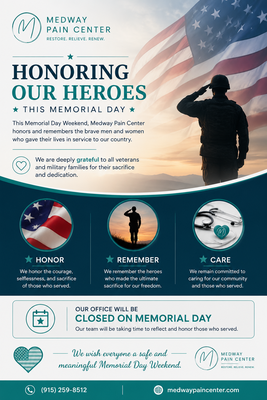 Celebrating our heroes - This Memorial Day Weekend, Medway Pain Center honors and remembers the brave men and women who made the ultimate sacrifice in service to our country. 🇺🇸

We are deeply grateful to all veterans and military families for their courage, dedication, and sacrifice.

Please note that our office will be closed on Memorial Day as we take time to reflect and honor those who served.

We wish everyone a safe, peaceful, and meaningful Memorial Day Weekend.
— Medway Pain Center