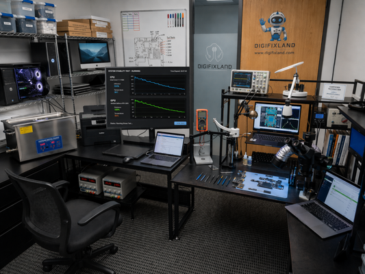 Laptop, MacBook & PC Repairs - Our Houston electronics repair lab is equipped for laptop, MacBook, desktop PC, and board-level diagnostics. This workspace includes professional tools such as microscopes, soldering equipment, an oscilloscope, power supplies, ultrasonic cleaning equipment, and diagnostic computers used for detailed repair and testing.