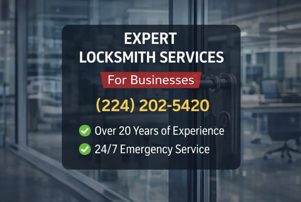 🏢 Commercial Locksmith Solutions – 20+ Years Experience - Protect your business with our professional locksmith solutions. From master rekeys and high-security lock systems to emergency access, our experience ensures your workplace stays secure and accessible.

📞 Call or text (224) 202-5420 for top-tier business locksmith support!