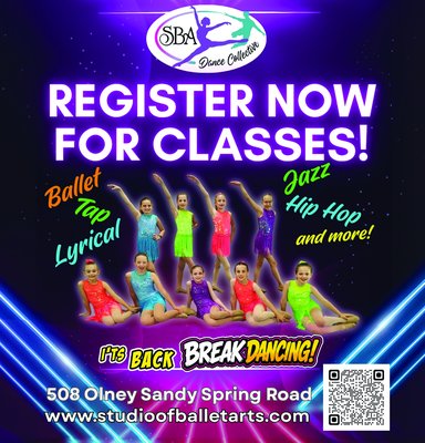 Register Now for Fall Classes! - Register for classes by going to our website www.studioofballetarts.com or by calling 301-260-2626. Location DMV area of Montgomery County, Maryland Register Now for Fall Classes! - Register for classes by going to our website www.studioofballetarts.com or by calling 301-260-2626. Location DMV area of Montgomery County, Maryland