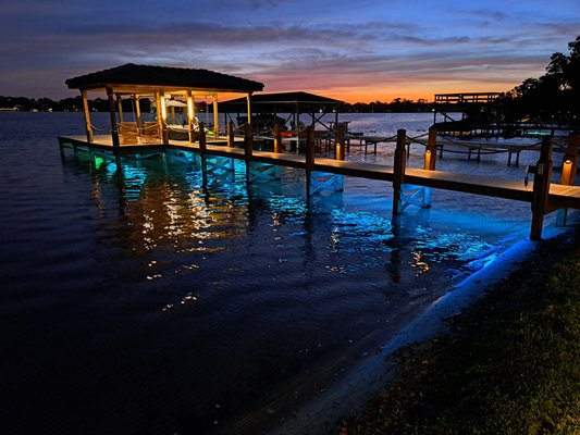 Boat Dock - This dock was a new build. We installed dock power for boat lifts and lighting from shore to deck. Customer wanted their dock to stand out. Boat Dock - This dock was a new build. We installed dock power for boat lifts and lighting from shore to deck. Customer wanted their dock to stand out.