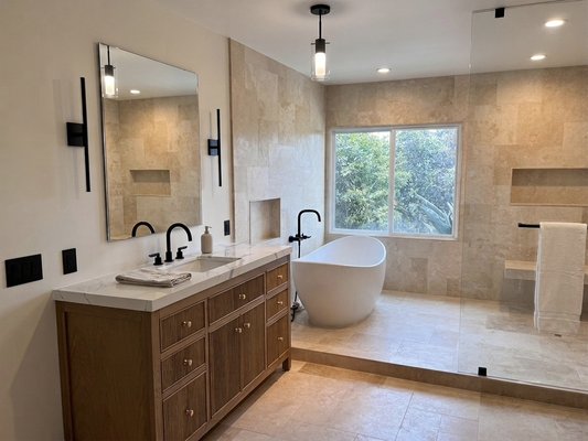 Master bathroom renovation ￼ - Full master bathroom transformation ✨ We reconfigured the entire layout — relocating the shower and toilet to consolidate everything on one side of the room for a cleaner, more functional flow.

📩 DM us to start your remodel