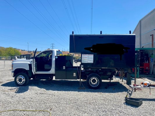 Chip body installation - Customer purchased new cab and chassis and requested to transfer chip body and tool boxes over to new truck. Chip body installation - Customer purchased new cab and chassis and requested to transfer chip body and tool boxes over to new truck.
