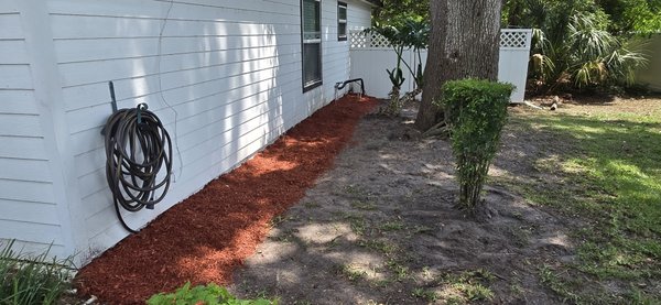 Clean up , Mowing, Edging, Trimming and Red mulch installation. - Another happy client with his finished project. Clean up , Mowing, Edging, Trimming and Red mulch installation. - Another happy client with his finished project.
