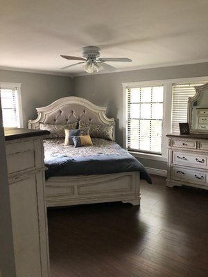 Cozy bedroom - Remove popcorn. Paint ceilings . Case all windows and doors. Remove carpet. Replace ceiling fan. Install Pergo Laminate flooring and a fresh coat of paint. Cozy bedroom - Remove popcorn. Paint ceilings . Case all windows and doors. Remove carpet. Replace ceiling fan. Install Pergo Laminate flooring and a fresh coat of paint.