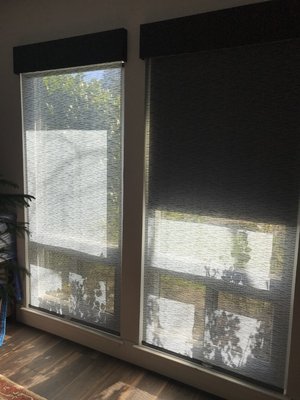 Two Roller Shades in one window, called Dual Roller Shade are a great solution for those who want light and privacy in one window treatment. - For privacy and light filtering these Dual Roller Shades fill their job beautifully.  The privacy shade always is mounted on the back and the light filtering on the front.  As you can see in the forth picture, if you do not have a deep mounting area the 2nd shade will stick out a bit past the depth.  All in all these two shades give you the beauty of texture Shades.