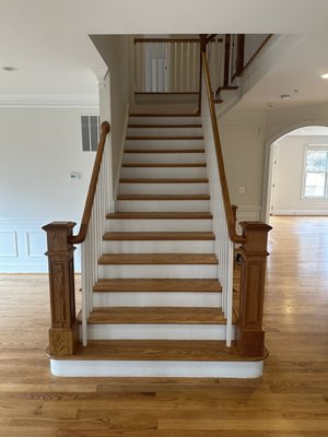 Refinishing - We installed unfinished hardwood and then sand & refinished the entire main floor, 2nd floor, steps, all posts and railings. Refinishing - We installed unfinished hardwood and then sand & refinished the entire main floor, 2nd floor, steps, all posts and railings.