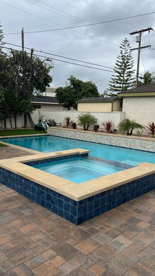 Downey Project - This was a joy to work on, New Pool with a raised spa, Baja shelf, Raised planter, Pavers, artificial turf and an outdoor kitchen!