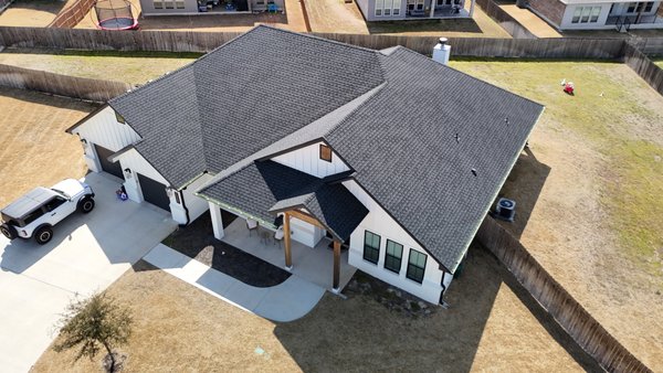 GAF HDZ Charcoal Roof, Nolanville, TX - Completed full roof replacement through insurance. Installed 30-Tear Dimensional GAF HDZ Charcoal Shingle Roof System, including high profile ridge, synthetic underlayment, Stormguard Ice & Water Shield and color matched accessories.