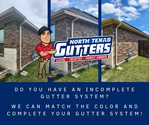 Seamless gutters - Make sure your entire home is protected. Many house are left partially protected by the home builder but we can match the color and complete the system! Seamless gutters - Make sure your entire home is protected. Many house are left partially protected by the home builder but we can match the color and complete the system!