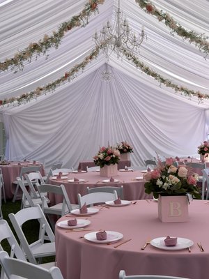 Baby shower - 20x40 drapes canopy with 3 chandeliers and greenery garland Baby shower - 20x40 drapes canopy with 3 chandeliers and greenery garland
