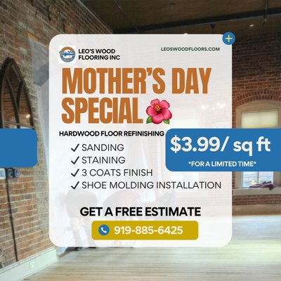 refinish hardwood floors special! - 🌸 MOTHER’S DAY SPECIAL — Your floors have been waiting long enough.

She keeps the house together, raises the kids, and still manages to make everything look good.

The least you can do is give her floors that match her energy ✨

Sanding. Staining. 3 coats finish. Shoe molding.
$3.99/sq ft. Limited time only

📍 Raleigh, Durham & surrounding areas
⏳ Limited time only, spots are filling up fast

💬 DM us or call (919) 885-6425 to ask about this offer before it’s gone.