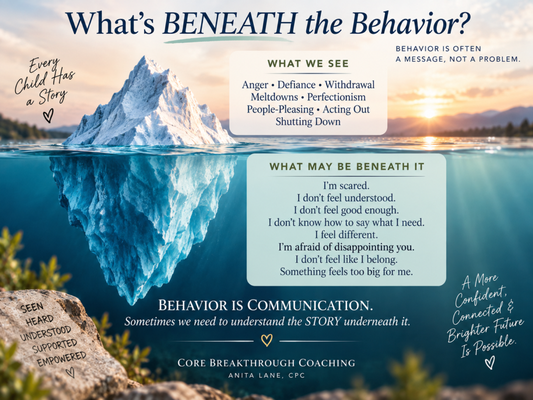 Children & Teen Coaching - Sometimes a child's behavior is telling us something they don't yet have the words to say.

Children and teens can struggle with anxiety, anger, big emotions, low self-confidence, friendship issues, school challenges, family changes, feeling different, shutting down, or reactions that seem much bigger than the situation.

As adults, it's easy to focus on the behavior we can see. But I want to know: What's happening BENEATH the behavior?

Children begin forming beliefs about themselves and their world very early. An experience that seems small to an adult can feel enormous to a child—and the meaning they make from that experience can become part of their STORY:

Something is wrong with me.
I'm not good enough.
Nobody understands me.
I'm not safe.
I don't belong.
It's my fault.
I have to be perfect.
I have to keep everyone happy.

Those beliefs can affect how a child responds to parents, siblings, friends, teachers, school, sporting activities, challenges—and eventually how they see themselves.

My Core Breakthrough approach isn't about labeling a child as difficult or simply trying to make them behave differently. I want to understand the child underneath the behavior.

My work with children and teens is coaching, not therapy. I use a practical, intuitive and solution-focused coaching approach to help young people understand what's happening BENEATH their reactions, recognize the STORY and beliefs they may be developing, and discover healthier ways to understand themselves, communicate and respond.

I create a warm, accepting space where children and teens can feel heard without feeling judged, lectured or “fixed.” Together, we explore what they're feeling, what they believe about themselves, and what's driving the reactions or patterns that aren't working for them.

Depending on the child's age and situation, I may also work with parents to help them understand what's happening beneath their child's behavior and identify family dynamics, communication patterns or responses that may need to shift.

Sometimes helping a child means helping the adults around them see the situation differently too.

The goal isn't to change who your child is. It's to help them better understand who they are, trust themselves, develop a healthier inner voice, express what they need, and build confidence in their ability to handle life's challenges.

When a child's needs fall outside the scope of coaching, I encourage parents to seek the appropriate mental-health or medical support.

Because when we help change a limiting STORY early, we may help keep it from becoming a pattern they carry into adulthood.