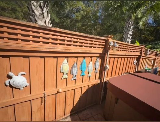Fence Repair - This Fence Repair was done due to the owner noticing wear and tear. During the repair, I found rotting wood through out fence posts, so I reinstalled new posting. I then built the entire new fence with his previous lighting reinstalled into the new fence.