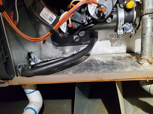 Regular maintenance discovers bad install work - This customer had the original installing company come out the year prior for issues with the furnace. They came out and said bad thermostat and changed out the thermostat but didn't address the main issue. Condensation was building up in the flue pipe causing improper ventilation for inducer motor shutting down the furnace until it drained(actually leaked) out in to the furnace and then into the secondary condensate pan. Water just standing in your furnace and pan will cause them to corrode which will lead to possible water damage to your ceiling if not addressed. So this was all due to bad workmanship. System was not installed properly and never corrected. The furnace needs to be configured correctly depending on how it is installed or it will not function properly. We configured the inducer assembly as per specifications added the correct condensate hoses, corrected the flue pipe install. We also installed a new bathroom exhaust duct we found broken during the initial diagnostic call. Big picture service call with quality service. Regular maintenance discovers bad install work - This customer had the original installing company come out the year prior for issues with the furnace. They came out and said bad thermostat and changed out the thermostat but didn't address the main issue. Condensation was building up in the flue pipe causing improper ventilation for inducer motor shutting down the furnace until it drained(actually leaked) out in to the furnace and then into the secondary condensate pan. Water just standing in your furnace and pan will cause them to corrode which will lead to possible water damage to your ceiling if not addressed. So this was all due to bad workmanship. System was not installed properly and never corrected. The furnace needs to be configured correctly depending on how it is installed or it will not function properly. We configured the inducer assembly as per specifications added the correct condensate hoses, corrected the flue pipe install. We also installed a new bathroom exhaust duct we found broken during the initial diagnostic call. Big picture service call with quality service.
