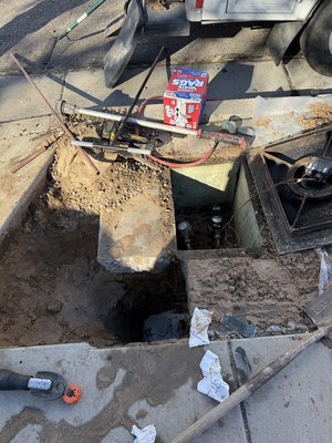 Water leak repair next to water meter - We were called out due to a water leak next to the water meter. Unfortunately the only way to reach and access the leak was to jackhammer a corner of the concrete slab around the water meter. We eliminated the leaking fitting, repaired using approved copper fittings, and back filled the dirt. We always pour and finish any concrete that we need to break to reach the affected plumbing we are working on. We also always ensure the repair is sound and not leaking before backfilling dirt and closing up the working area. Everything is operational with no leaks at this time. We also provide a warranty for all of our work to give our customers peace of mind. Water leak repair next to water meter - We were called out due to a water leak next to the water meter. Unfortunately the only way to reach and access the leak was to jackhammer a corner of the concrete slab around the water meter. We eliminated the leaking fitting, repaired using approved copper fittings, and back filled the dirt. We always pour and finish any concrete that we need to break to reach the affected plumbing we are working on. We also always ensure the repair is sound and not leaking before backfilling dirt and closing up the working area. Everything is operational with no leaks at this time. We also provide a warranty for all of our work to give our customers peace of mind.