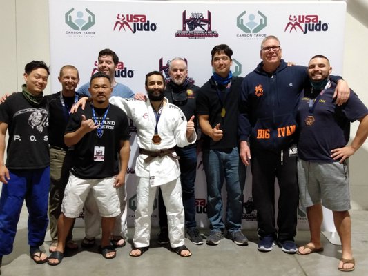 USA Judo Senior Nationals 2021 - We took a crew to the USA Judo Senior Nationals in Reno in 2021. Everyone had a great time. Northern California usually has a lot of local judo tournaments, but there haven't been any since March 2020, so for some of our members it was their very first time competing. Sensei Cody took a bronze medal in the Senior Elite heavyweight division, and Sensei Jonah took a gold medal in the M3 age category at -100kg. Sebastian Casallas and Jay Beito also medaled in their divisions! USA Judo Senior Nationals 2021 - We took a crew to the USA Judo Senior Nationals in Reno in 2021. Everyone had a great time. Northern California usually has a lot of local judo tournaments, but there haven't been any since March 2020, so for some of our members it was their very first time competing. Sensei Cody took a bronze medal in the Senior Elite heavyweight division, and Sensei Jonah took a gold medal in the M3 age category at -100kg. Sebastian Casallas and Jay Beito also medaled in their divisions!