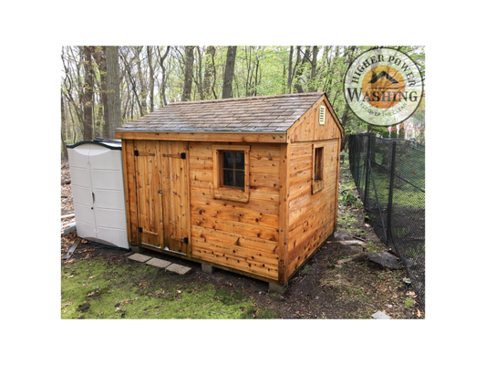 Shed Wash - This is a before & after of a wood shed that we treated in Wellesley, MA. Shed Wash - This is a before & after of a wood shed that we treated in Wellesley, MA.