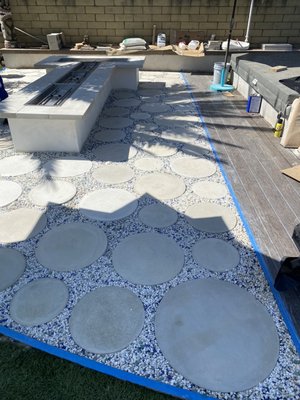 Fire Pit Installation - The client wanted to add a space to hangout after using the pool! How does a fire pit match your outdoor area? This was a great fit! Pavers with pebble fillers, cement base with water drainage, stucco base with textured faced capstone. The perfect addition to a great sunny area!