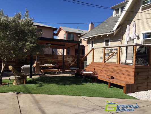 Patio and Deck rebuild - Example of completely new back yard, includes artificial turf, stone pavers, natural wood raised deck, new natural wood covered patio