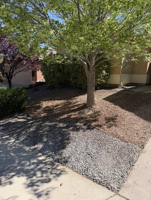 Back yard cleared weeds gone and yard leveld with gravel 2 tone design also - Removed weeds and all debris trimmed trees on this back yard and leveld with front yard landscaping design 2 tone color gray&brown Back yard cleared weeds gone and yard leveld with gravel 2 tone design also - Removed weeds and all debris trimmed trees on this back yard and leveld with front yard landscaping design 2 tone color gray&brown