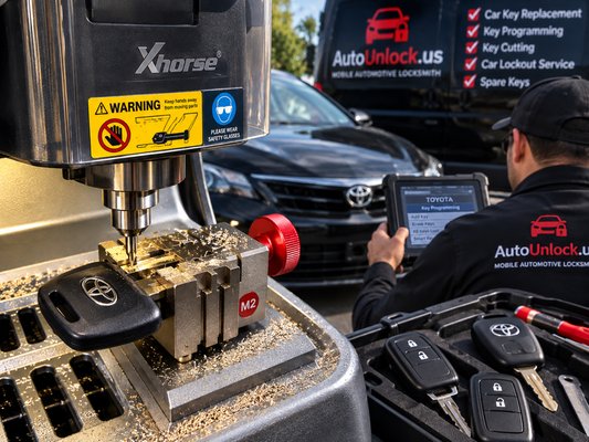 Car Key Cutting & Programming - Professional mobile car key cutting and programming at the customer’s location. We cut and program replacement and spare car keys using professional automotive locksmith equipment.