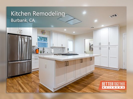 Kitchen Remodeling | Burbank, California - This contemporary kitchen features white shaker cabinets, matte stainless steel fixtures and a huge island. A powder room/laundry room combo features a similar design with an eye catching floor tile pattern. Kitchen Remodeling | Burbank, California - This contemporary kitchen features white shaker cabinets, matte stainless steel fixtures and a huge island. A powder room/laundry room combo features a similar design with an eye catching floor tile pattern.
