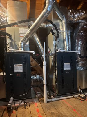 2 System Replacement - This HVAC system was replaced after 15 years to increase efficiency and reliability. The savings on the energy bill after this install was complete was well worth changing out both of these systems. 2 System Replacement - This HVAC system was replaced after 15 years to increase efficiency and reliability. The savings on the energy bill after this install was complete was well worth changing out both of these systems.