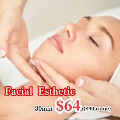 Facial care 30min $64 - Facial　30min	$90→$64
Massage to improve skin fatigue and poor circulation. Moisturizing and soothing facial with a short but relaxing effect.

Facial　60min	$140→$98
Rhythmical techniques are used to push away the accumulated waste in the face and head area, leading to vibrant, clear, and bright skin. The modeling mask is made up of several types of masks with the ingredients necessary for the skin’s condition at the time, leaving you with plump, glowing, and beautiful skin.