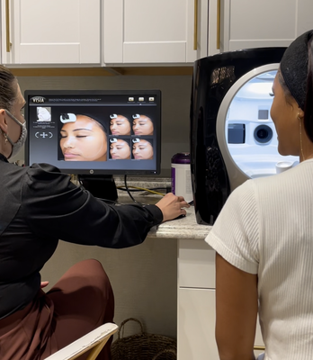 Visia Scan - During every consultation we use our VISIA Scan®, which is a state of the art photo imaging system that takes in depth pictures of the skin and analyses them using cross polarized light to “see” what is in the underlying layers of your skin. Using the VISIA® we provide high quality, standardized facial images that allow us to track your progress throughout your skincare journey! Visia Scan - During every consultation we use our VISIA Scan®, which is a state of the art photo imaging system that takes in depth pictures of the skin and analyses them using cross polarized light to “see” what is in the underlying layers of your skin. Using the VISIA® we provide high quality, standardized facial images that allow us to track your progress throughout your skincare journey!