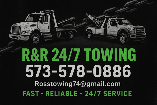 towing needs - R&R 24/7 Towing

Reliable • Affordable • Anytime You Need Us

When you’re stranded on the side of the road, dealing with a breakdown, stuck in a ditch, locked out of your vehicle, or just trying to get a car across town safely, one thing matters most: fast, dependable help from a team you can trust.
At R&R 24/7 Towing, we proudly serve Rolla, MO and all surrounding communities with round-the-clock towing, roadside assistance, and vehicle support services designed to keep you moving safely.

We know that when your vehicle quits, your day doesn’t have to. That’s why our mission is simple:
Be the towing company that shows up fast, treats you with respect, offers fair pricing, and gets the job done right — every single time.

Whether it’s 2 in the afternoon or 2 in the morning, we’re here for you.