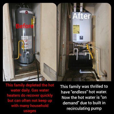 Tankless water heater install - Tankless water heaters provide endless hot water at a greater efficiency than standard water heaters. 
$650 tax rebate and Atmos rebate
If you have a home with a big family, the tankless water heater will provide the demand you need.