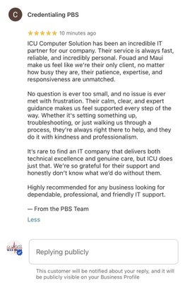 Professional Billing Solutions - Thank you so much, Taj, for this incredibly thoughtful review. On behalf of everyone at ICU Computer Solutions, I can't stress enough how grateful we are for your kind words and even more so for the trust Malik, Chand, and the rest of the talented Team at Professional Billing Solutions have placed in us over the years.
Since 2019, it has been a privilege to support the Team at Professional Billing Solutions. I remember when we first partnered with PBS to address persistent network and hardware issues. Upgrading your infrastructure with the hashtag#Ubiquiti hashtag#UniFi system and replacing decade-old PCs was just the beginning. Since then, it's been a truly collaborative journey of growth, security, and modernization.
As a Medical Billing Company, your operations fall under strict hashtag#HIPAA and hashtag#HITECH regulations, and we've been proud to help guide PBS toward full compliance. From rolling out brand-new PCs with dual 27-inch monitors to transitioning your entire team from an on-premise setup to a fully cloud-based environment, every step has been focused on making your business more secure, efficient, and future-ready.
Migrating your systems to hashtag#Microsoft365, hashtag#SharePoint, hashtag#OneDrive, hashtag#EntraID, and even helping with your hashtag#QuickBooks and hashtag#EMR / hashtag#EHR transitions, these changes ensured that PBS can operate with confidence, agility, and peace of mind.
What makes working with PBS truly special is the mutual respect and professionalism you bring to every interaction. Fouad and I feel like an extension of your Team, and that's exactly how we strive to work, with care, clarity, and dedication.
Thank you again for your continued partnership and for allowing us to play a role in your ongoing success.
We're always here when you need us!
Maui Sanadiki
Owner / Founder
ICU Computer Solutions
345 E Silverado Ranch Blvd., (Suites 110/115)
Las Vegas, NV 89183
(702) 712-4221
Website: https://bit.ly/3dG5ZK2
HIPAA Compliance, Cyber Security, Managed IT, Networks, Computer Repair, and Printer Support
hashtag#ProfessionalBillingSolutions hashtag#ManagedIT hashtag#Cybersecurity hashtag#HIPAACompliance hashtag#HITECHCompliance hashtag#MedicalBillingSupport hashtag#CloudMigration hashtag#Microsoft365 hashtag#EntraID hashtag#SharePoint hashtag#OneDrive hashtag#QuickBooksOnline hashtag#HealthcareIT hashtag#TechSupport hashtag#ITConsulting hashtag#SmallBusinessIT hashtag#ITForHealthcare hashtag#SecureITSolutions hashtag#PBSNevada hashtag#BusinessITSupport hashtag#NetworkUpgrade hashtag#CloudITServices hashtag#UbiquitiUniFi hashtag#DualMonitorSetup hashtag#ModernWorkplace hashtag#DigitalTransformation Professional Billing Solutions - Thank you so much, Taj, for this incredibly thoughtful review. On behalf of everyone at ICU Computer Solutions, I can't stress enough how grateful we are for your kind words and even more so for the trust Malik, Chand, and the rest of the talented Team at Professional Billing Solutions have placed in us over the years.
Since 2019, it has been a privilege to support the Team at Professional Billing Solutions. I remember when we first partnered with PBS to address persistent network and hardware issues. Upgrading your infrastructure with the hashtag#Ubiquiti hashtag#UniFi system and replacing decade-old PCs was just the beginning. Since then, it's been a truly collaborative journey of growth, security, and modernization.
As a Medical Billing Company, your operations fall under strict hashtag#HIPAA and hashtag#HITECH regulations, and we've been proud to help guide PBS toward full compliance. From rolling out brand-new PCs with dual 27-inch monitors to transitioning your entire team from an on-premise setup to a fully cloud-based environment, every step has been focused on making your business more secure, efficient, and future-ready.
Migrating your systems to hashtag#Microsoft365, hashtag#SharePoint, hashtag#OneDrive, hashtag#EntraID, and even helping with your hashtag#QuickBooks and hashtag#EMR / hashtag#EHR transitions, these changes ensured that PBS can operate with confidence, agility, and peace of mind.
What makes working with PBS truly special is the mutual respect and professionalism you bring to every interaction. Fouad and I feel like an extension of your Team, and that's exactly how we strive to work, with care, clarity, and dedication.
Thank you again for your continued partnership and for allowing us to play a role in your ongoing success.
We're always here when you need us!
Maui Sanadiki
Owner / Founder
ICU Computer Solutions
345 E Silverado Ranch Blvd., (Suites 110/115)
Las Vegas, NV 89183
(702) 712-4221
Website: https://bit.ly/3dG5ZK2
HIPAA Compliance, Cyber Security, Managed IT, Networks, Computer Repair, and Printer Support
hashtag#ProfessionalBillingSolutions hashtag#ManagedIT hashtag#Cybersecurity hashtag#HIPAACompliance hashtag#HITECHCompliance hashtag#MedicalBillingSupport hashtag#CloudMigration hashtag#Microsoft365 hashtag#EntraID hashtag#SharePoint hashtag#OneDrive hashtag#QuickBooksOnline hashtag#HealthcareIT hashtag#TechSupport hashtag#ITConsulting hashtag#SmallBusinessIT hashtag#ITForHealthcare hashtag#SecureITSolutions hashtag#PBSNevada hashtag#BusinessITSupport hashtag#NetworkUpgrade hashtag#CloudITServices hashtag#UbiquitiUniFi hashtag#DualMonitorSetup hashtag#ModernWorkplace hashtag#DigitalTransformation