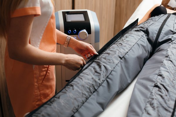 PressoTherapy - Pressotherapy is an exclusive detoxifying treatment, which through effective lymphatic drainage.This helps to promote the body’s natural toxin clearing functions. The revitalization and oxygenation of the tissue helps to slim and redefine the legs, stomach and arms while enhancing skin tone. 
This treatment uses air pressure in a device that is used to inflate a suit. Arms and legs are placed inside the inflated suit which causes the arms and legs to be squashed due to the high pressure.