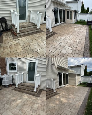 Full package job. (PRESSURE WASHING, POLYMERIC SAND, WET LOOK SEALER) - This patio got the full refresh. First, the pavers were deep-cleaned with a detailed pressure wash. A few days later, we applied polymeric sand to lock everything in place. To finish it off, a final coat of wet-look sealer brought out the color and gave it that clean, glossy finish.